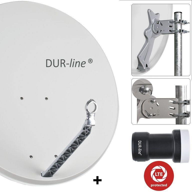 DUR-line 1 Teilnehmer Set 90 cm - Qualitäts-Sat-Komplettanlage 12310,\n Select 85cm/90cm ALU Spiegel/Schüssel + Single LNB hellgrau - für 1 Receiver/TV [Neuste Technik DVB-S2 4K 3D]