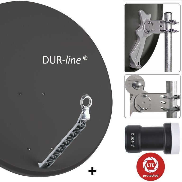 DUR-line 1 Teilnehmer Set 90 cm - Qualitäts-Sat-Komplettanlage 12311,\n Select 85cm/90cm ALU Spiegel/Schüssel + Single LNB anthrazit - für 1 Receiver/TV [Neuste Technik DVB-S2 4K 3D]