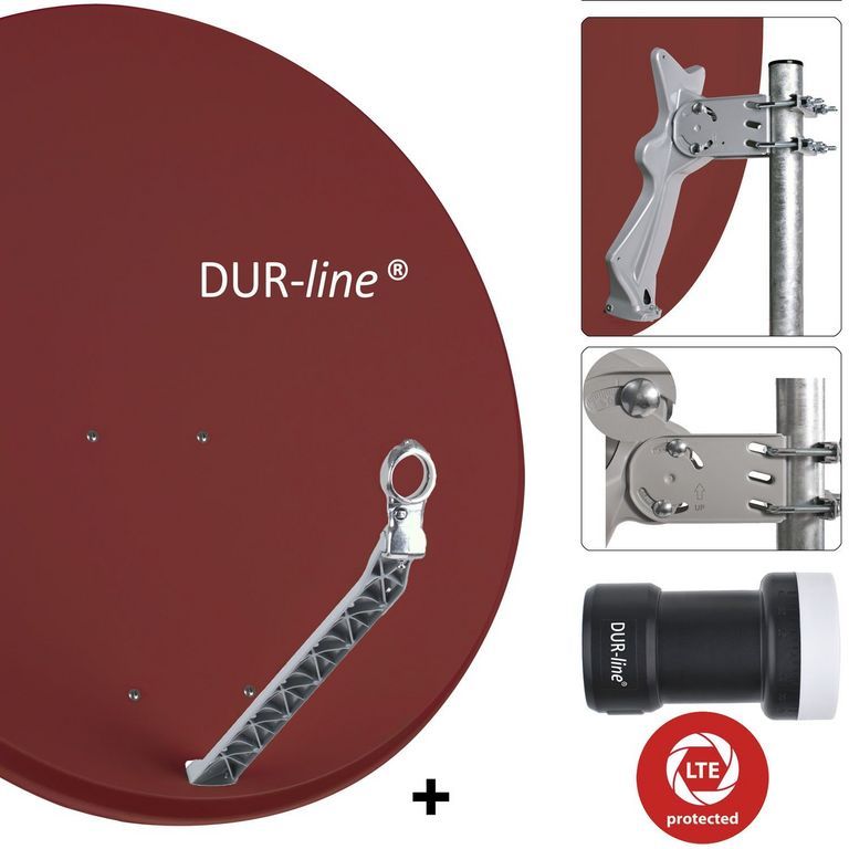 DUR-line 1 Teilnehmer Set 90 cm - Qualitäts-Sat-Komplettanlage 12312,\n Select 85cm/90cm ALU Spiegel/Schüssel + Single LNB ziegelrot - für 1 Receiver/TV [Neuste Technik DVB-S2 4K 3D]