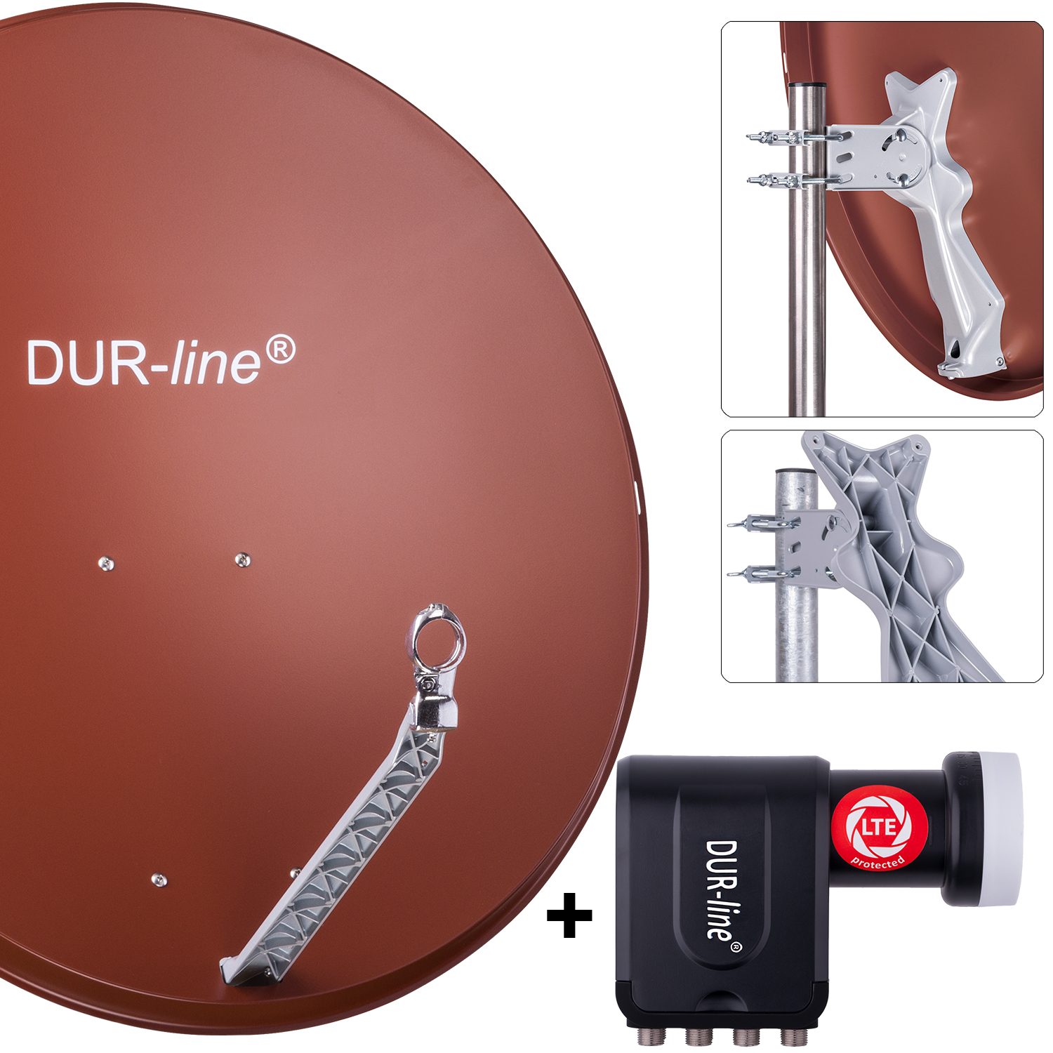DUR-line 8 Teilnehmer Set 90 cm - Qualitäts-Sat-Komplettanlage 12324,\n Select 85cm/90cm ALU Spiegel/Schüssel + Octo LNB ziegelrot - für 8 Receiver/TV [Neuste Technik DVB-S2 4K 3D]