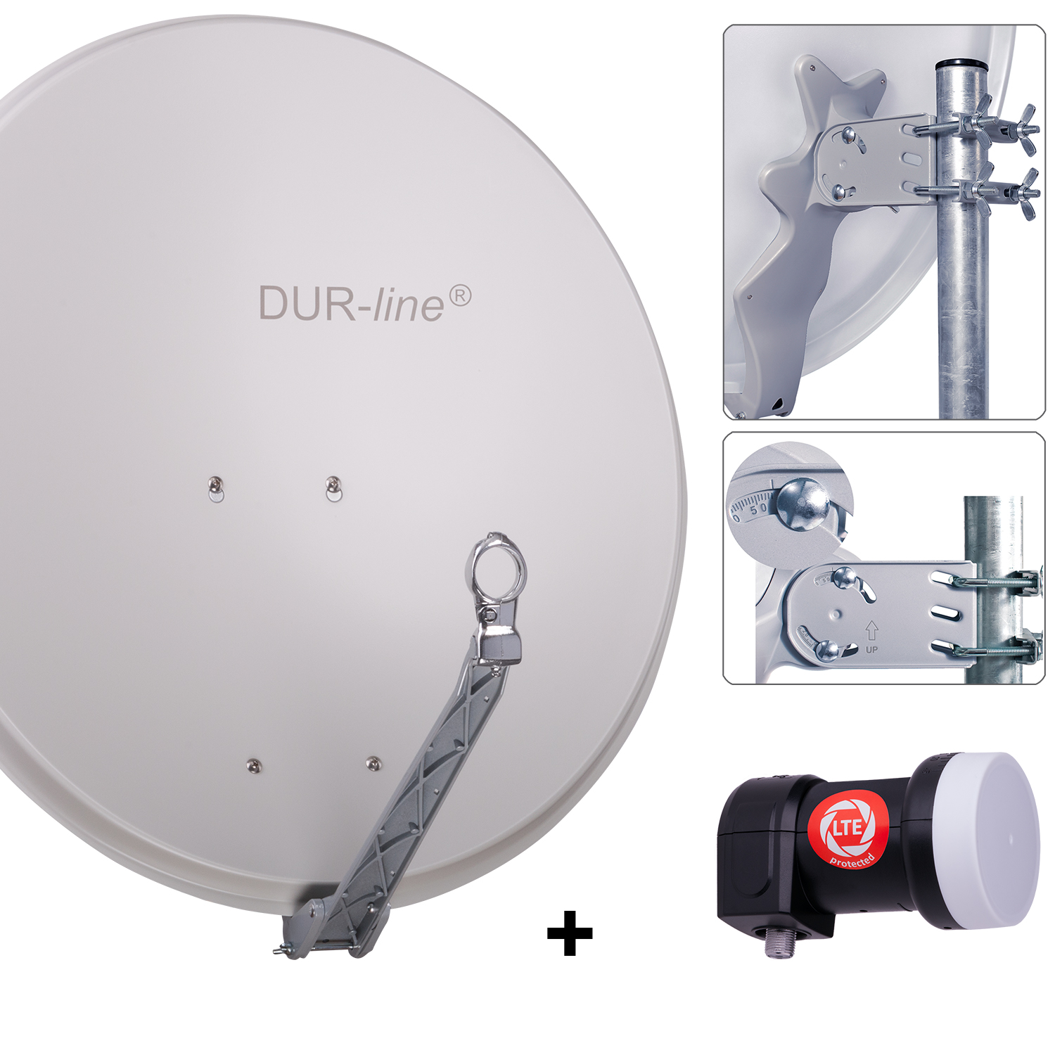 DUR-line 1 Teilnehmer Set 80 cm - Qualitäts-Sat-Komplettanlage 12350,\n Select 75cm/80cm ALU Spiegel/Schüssel + Single LNB hellgrau - für 1 Receiver/TV [Neuste Technik DVB-S2 4K 3D]