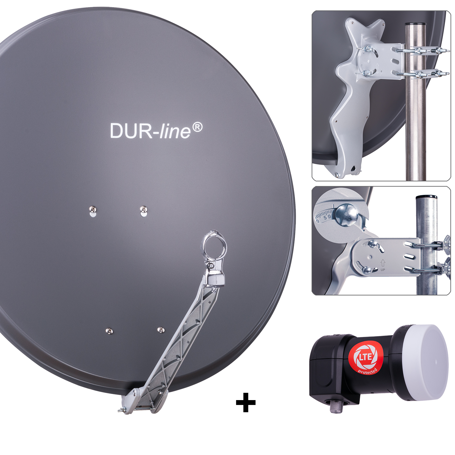 DUR-line 1 Teilnehmer Set 80 cm - Qualitäts-Sat-Komplettanlage 12351,\n Select 75cm/80cm ALU Spiegel/Schüssel + Single LNB anthrazit - für 1 Receiver/TV [Neuste Technik DVB-S2 4K 3D]