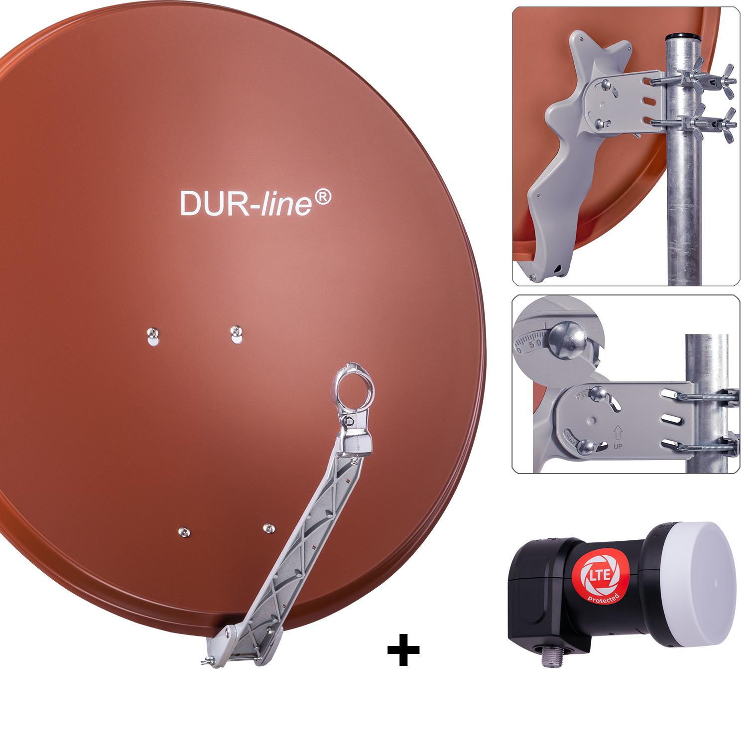 DUR-line 1 Teilnehmer Set 80 cm - Qualitäts-Sat-Komplettanlage 12352,\n Select 75cm/80cm ALU Spiegel/Schüssel + Single LNB ziegelrot - für 1 Receiver/TV [Neuste Technik DVB-S2 4K 3D]