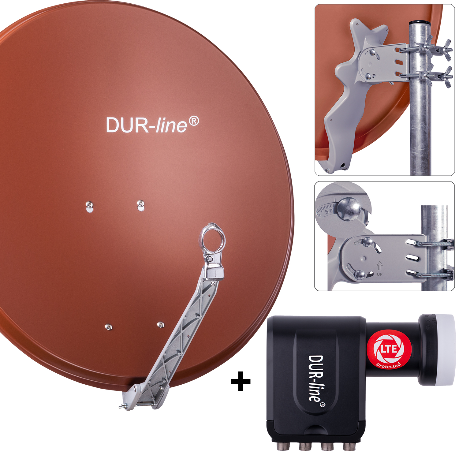 DUR-line 8 Teilnehmer Set 80 cm - Qualitäts-Sat-Komplettanlage 12367,\n Select 75cm/80cm ALU Spiegel/Schüssel + Octo LNB ziegelrot - für 8 Receiver/TV [Neuste Technik DVB-S2 4K 3D]