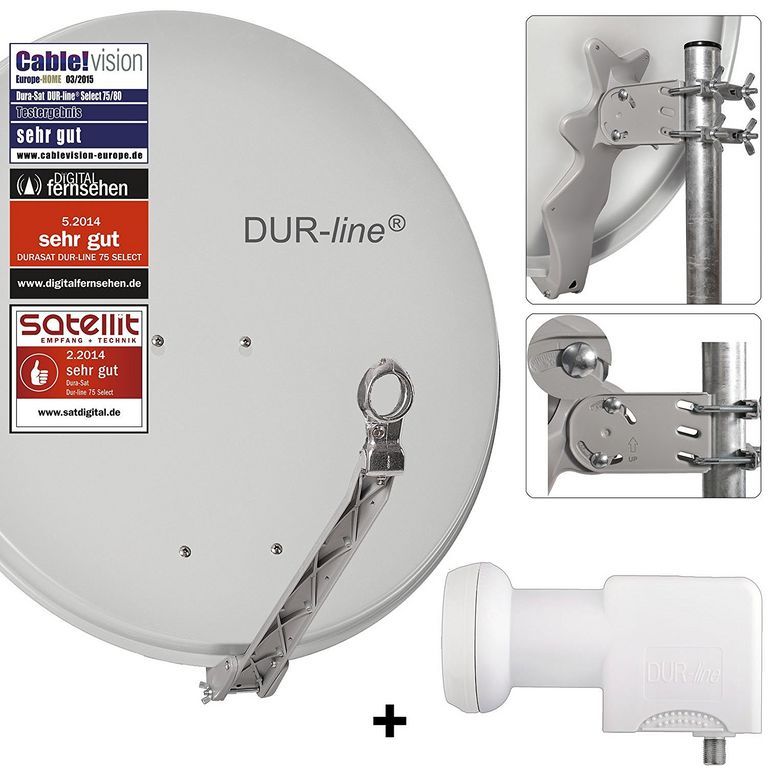 DUR-line 24 Teilnehmer Set 80 cm - Qualitäts-Sat-Komplettanlage 12426,\n Select 75cm/80cm ALU Spiegel/Schüssel + Unicable LNB hellgrau - für 24 Receiver/TV [Neuste Technik DVB-S2 4K 3D]