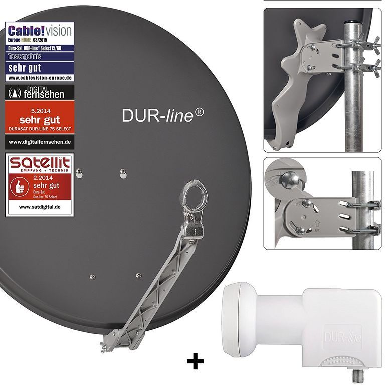DUR-line 24 Teilnehmer Set 80 cm - Qualitäts-Sat-Komplettanlage 12427,\n Select 75cm/80cm ALU Spiegel/Schüssel + Unicable LNB anthrazit - für 24 Receiver/TV [Neuste Technik DVB-S2 4K 3D]