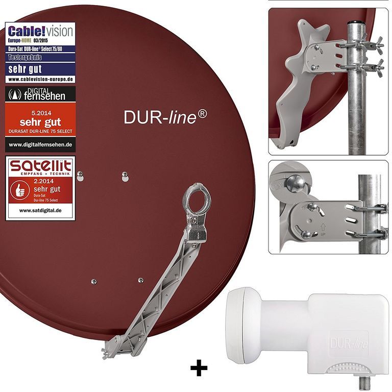 DUR-line 24 Teilnehmer Set 80 cm - Qualitäts-Sat-Komplettanlage 12428,\n Select 75cm/80cm ALU Spiegel/Schüssel + Unicable LNB ziegelrot - für 24 Receiver/TV [Neuste Technik DVB-S2 4K 3D]