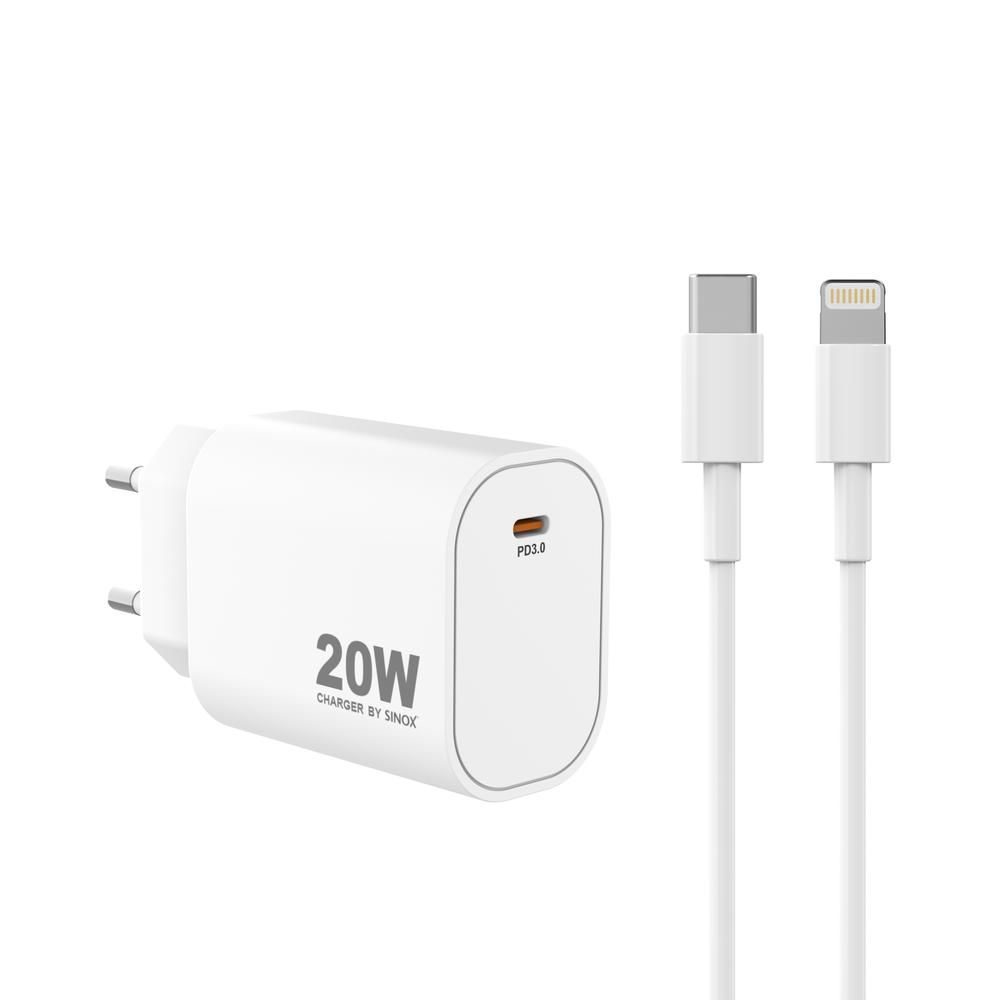 sinox Pro SXP 6820  USB-C Schnellladegerät mit USB-C/Lightning-Kabel \n 20 Watt USB-C Anschluss und USB-C/Lightning Kabel 2.00m weiß