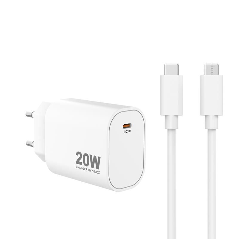sinox Pro SXP 6920  USB-C Schnellladegerät mit USB-C Kabel \n 20 Watt USB-C Anschluss und Kabel 2.00m weiß