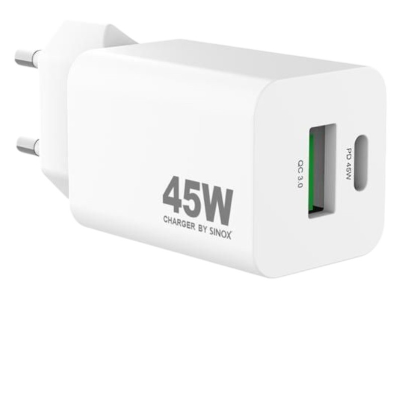 sinox Pro SXP 6045  USB-C / USB-A Schnellladegerät \n 45 Watt USB-C und USB-A Anschluss weiß