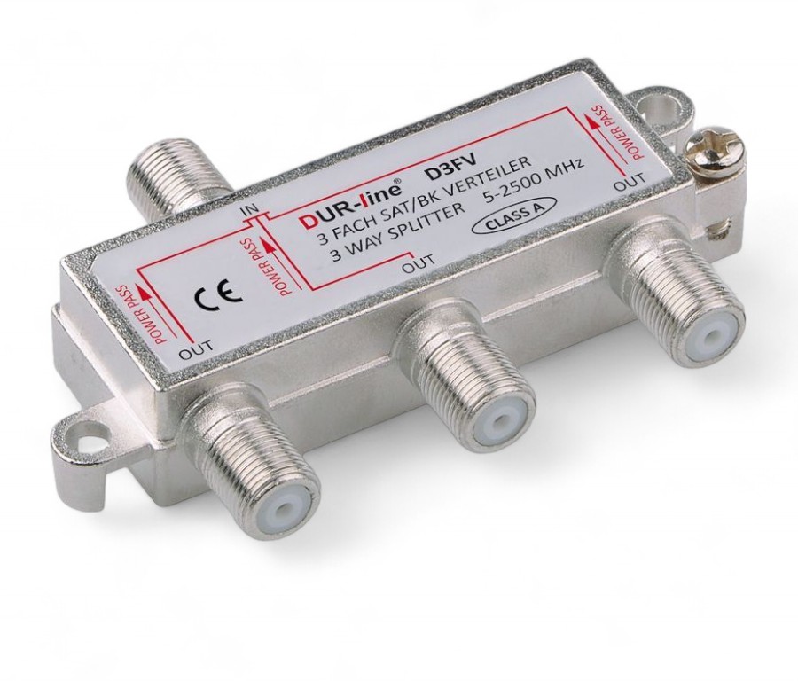 DUR-line SAT & BK-Verteiler - Class A - 3-Fach Splitter -,\n voll geschirmt - Verteiler 3-fach Unicable & HD tauglich DUR-line D3FV - für Satelliten-Anlagen(DVB-S2) - BK - UKW Radio - DC-Durchlass - TV Antennen Fernseh Verteiler