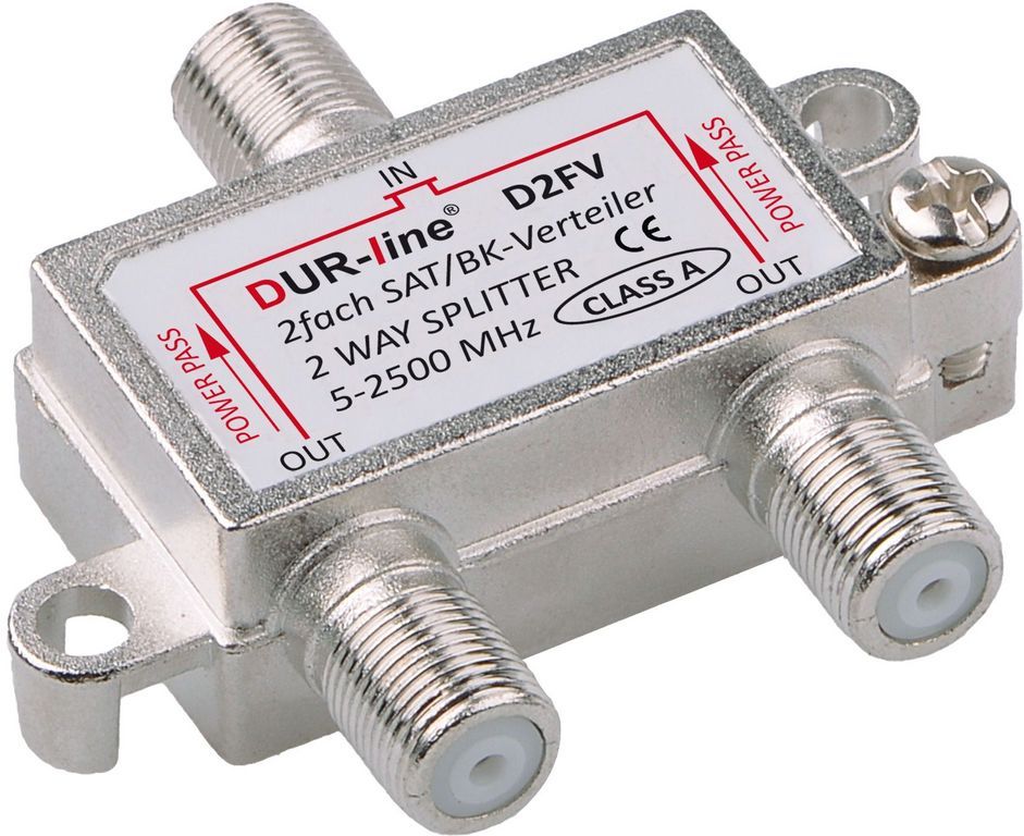 DUR-line SAT & BK-Verteiler - Class A - 2-Fach Splitter -,\n voll geschirmt - Verteiler 2-fach Unicable & HD tauglich DUR-line D2FV - für Satelliten-Anlagen(DVB-S2) - BK - UKW Radio - DC-Durchlass - TV Antennen Fernseh Verteiler