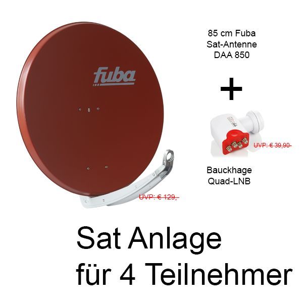 4 Teilnehmer Sat-Anlage - Fuba Bundle F8540QSR \n Schüsselgröße: 85 cm 4 Anschlüsse ziegelrot DAA850 Sat-Antenne + Bauckhage Quad LNB 4K ready