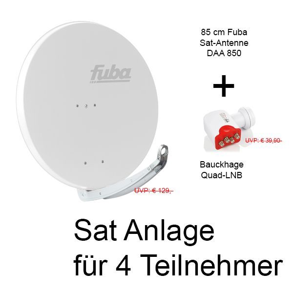 4 Teilnehmer Sat-Anlage - Fuba Bundle F8540QSW \n Schüsselgröße: 85 cm 4 Anschlüsse weiß DAA850 Sat-Antenne + Bauckhage Quad LNB 4K ready