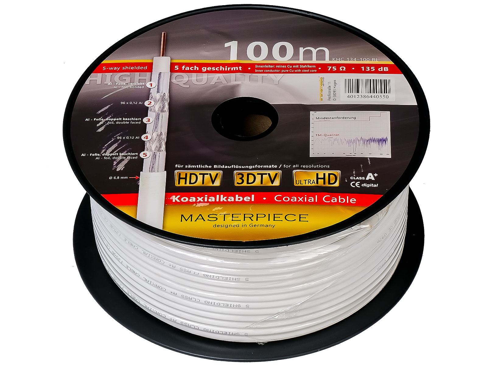 Antennenkabel - Transmedia KHC134-100R-M \n 6.8 mm 135 dB Meterware CCS weiß Sat Kabel HIGH Class A+